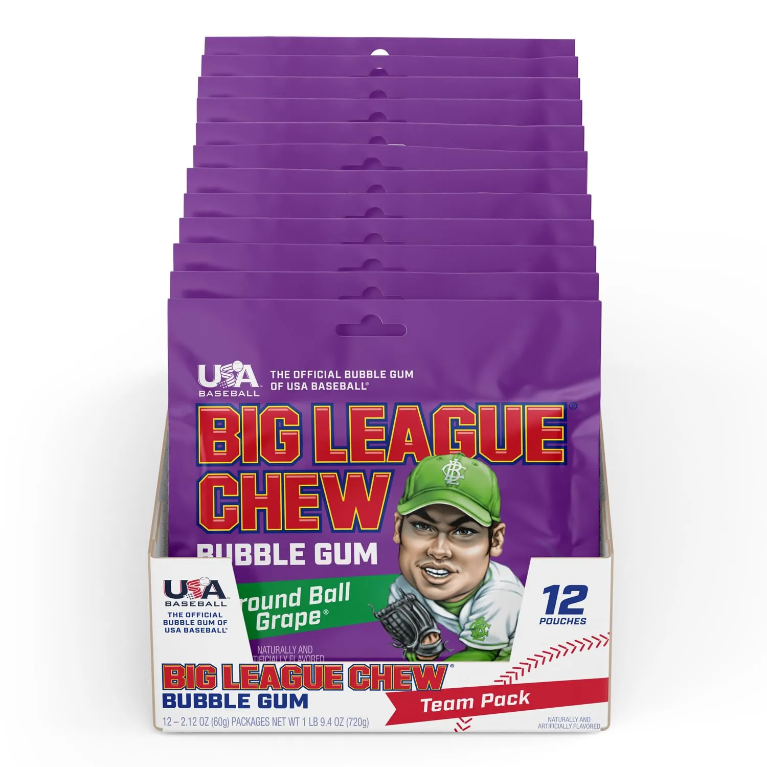 Big League Chew Ground Ball Grape Bubble Gum - Juicy Grape Flavor Explosion | Ideal for Baseball Games, Teams, Concessions, Parties, and More | Pack of 12 Bags (2.12oz Each)