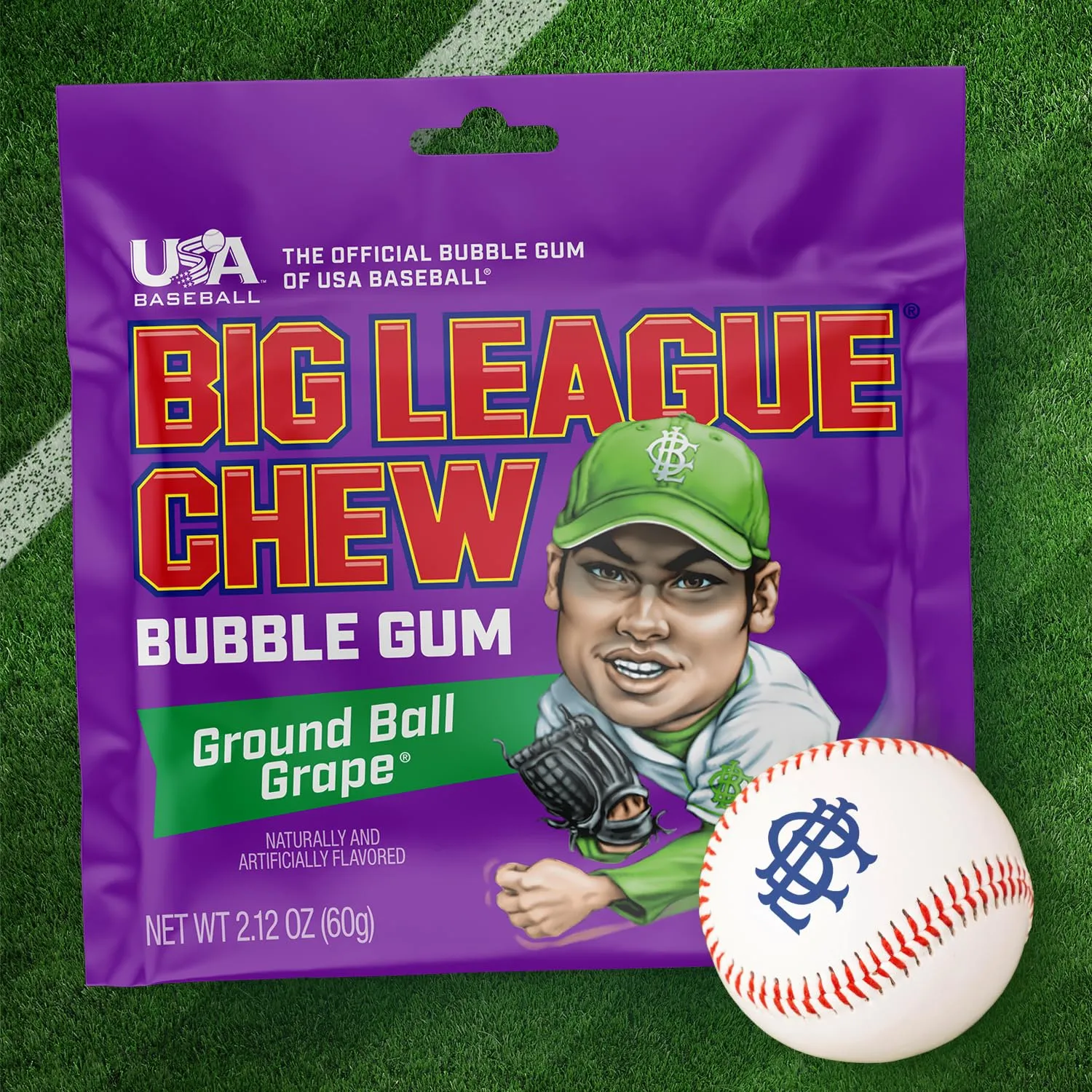 Big League Chew Ground Ball Grape Bubble Gum - Juicy Grape Flavor Explosion | Ideal for Baseball Games, Teams, Concessions, Parties, and More | Pack of 12 Bags (2.12oz Each)