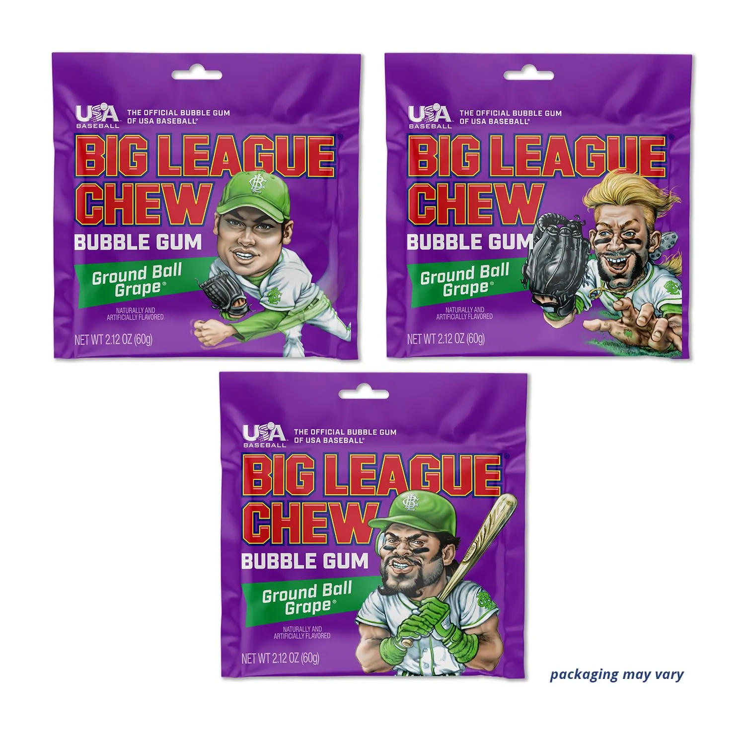 Big League Chew Ground Ball Grape Bubble Gum - Juicy Grape Flavor Explosion | Ideal for Baseball Games, Teams, Concessions, Parties, and More | Pack of 12 Bags (2.12oz Each)