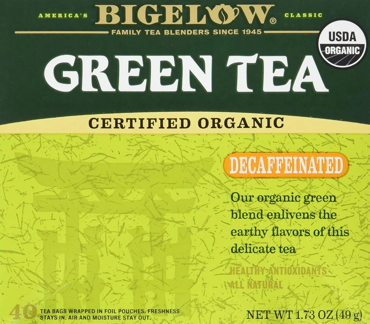 Bigelow Tea, 40 Bags - Organic Decaffeinated Green (2 Pack)
