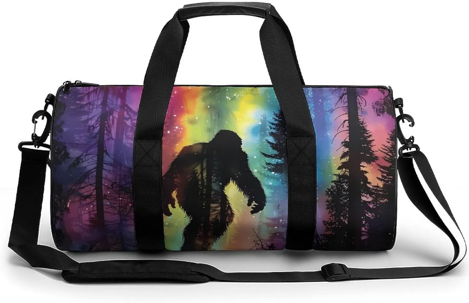 Bigfoot Colorful Psychedelic Forests Mist Round Barrel Gym Sport Bag Small Travel Duffel Bags Reusable Tote for Men Women