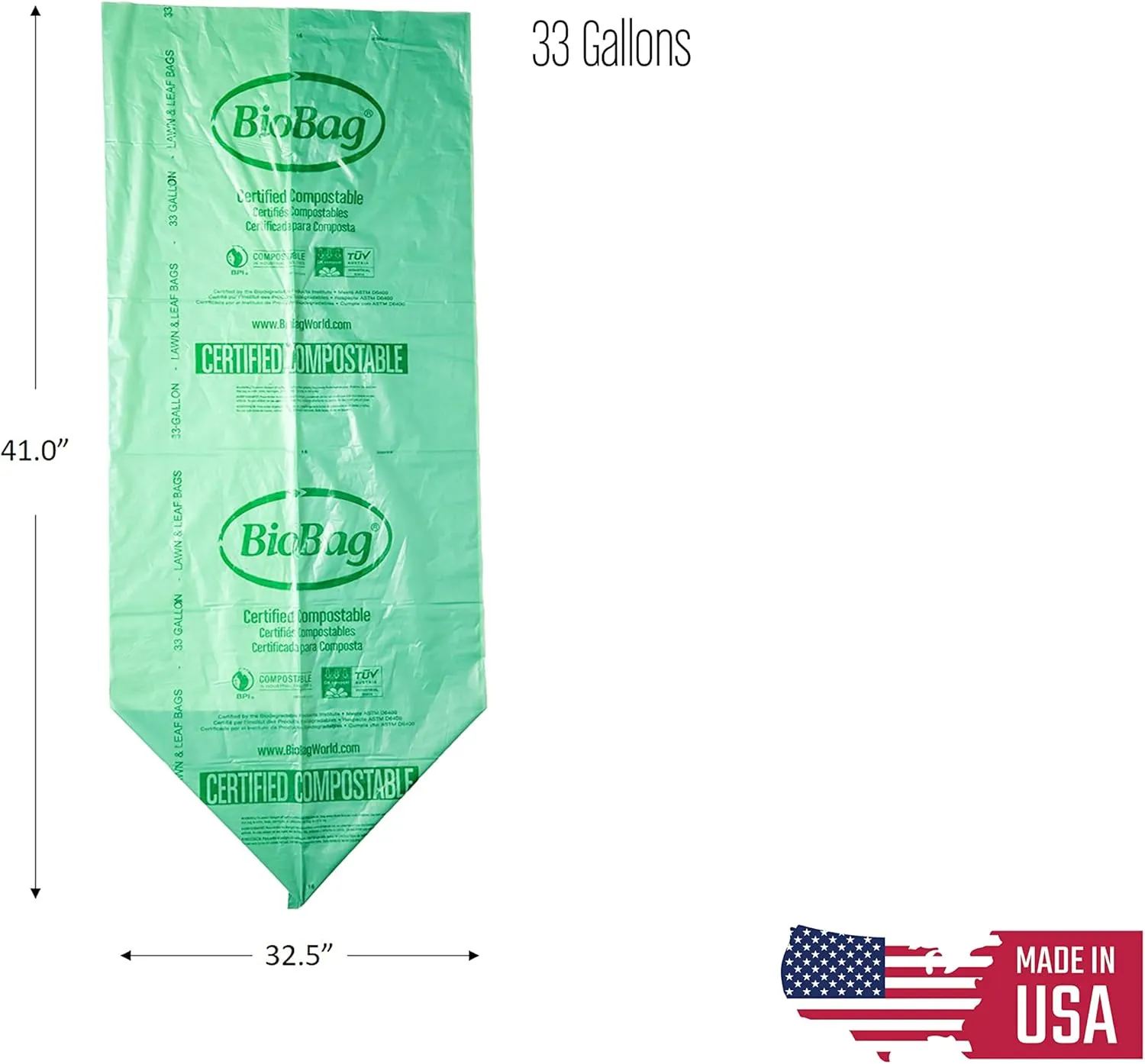 BioBag (USA) 100% Certified Compostable Lawn & Leaf Yard Waste Bags, 33 Gallon, 15 Count, Large Capacity and Weather Resistant