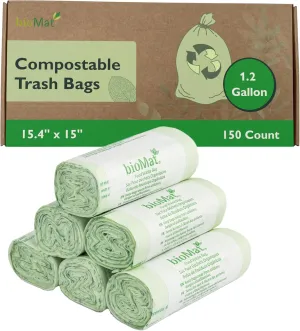 bioMat 1.2 Gallon Compostable Trash Bags, 150 Count, Compost Bags for Countertop Bins, BPI ASTM D6400 Certified Small Trash Bags