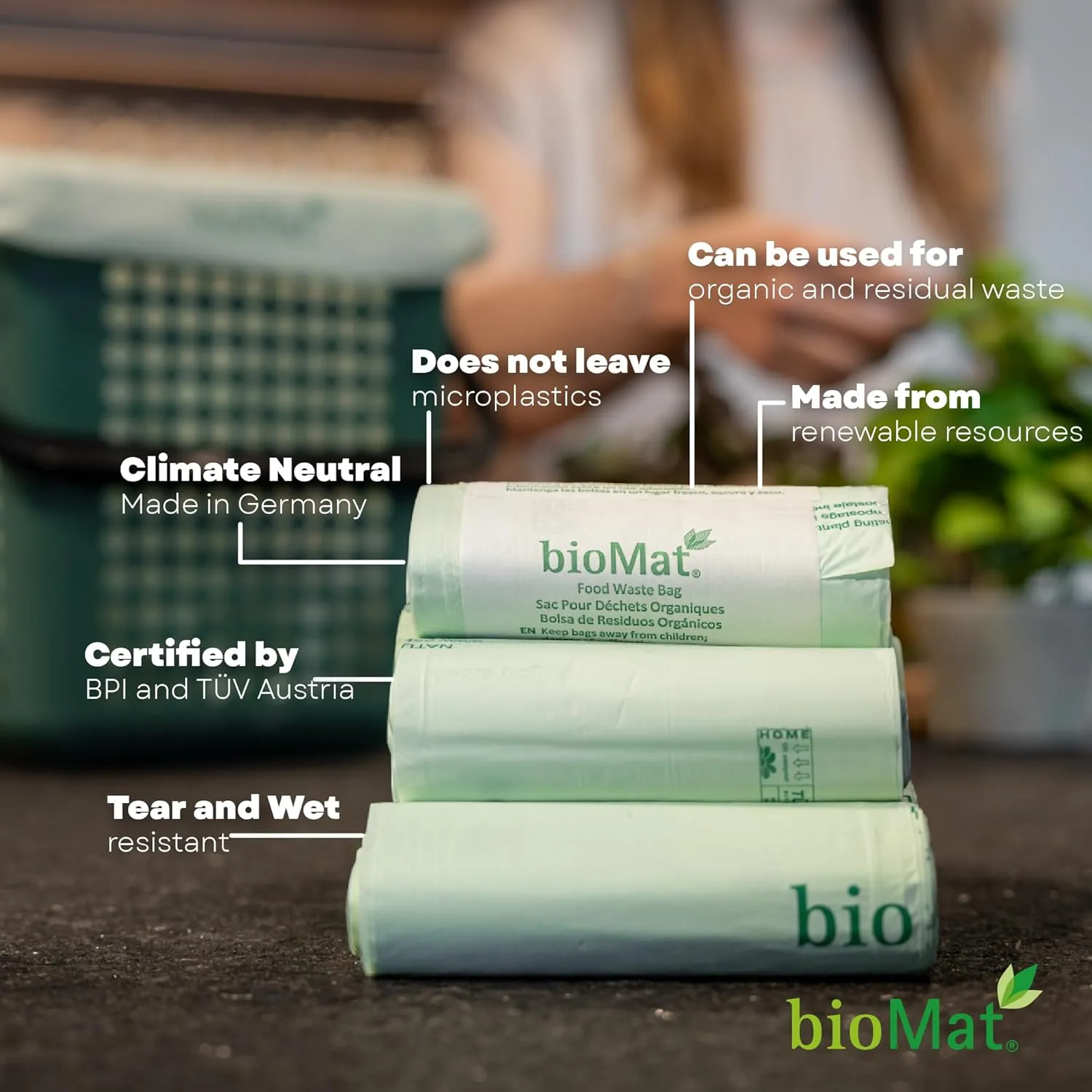 bioMat 1.2 Gallon Compostable Trash Bags, 150 Count, Compost Bags for Countertop Bins, BPI ASTM D6400 Certified Small Trash Bags