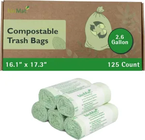 bioMat 2.6 Gallon Compostable Bags with Handle Ties, 125 Count, Tear Resistant & Leak Proof Compostable Trash Bags for Countertop Bin, BPI ASTM D6400 OK Compost Home