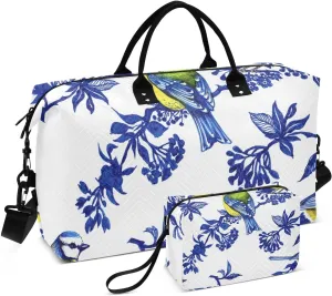 Birds on Spring Twigs Pattern Duffle Bags for Women Men Waterproof Weekender Overnight Bags Hospital Bag Large Tote Bag with Toiletry Bag for Yoga Gym Travel Sport Hospital