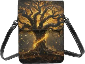Black And Gold Tree Of Life Myth Beautiful Crossbody Cell Phone Purse For Women Teen Girls Leather Small Crossbody Bag Mini Phone Pouch Purse, 7.5x5.3 Inches