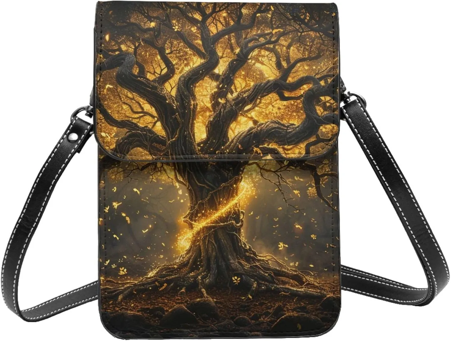 Black And Gold Tree Of Life Myth Beautiful Crossbody Cell Phone Purse For Women Teen Girls Leather Small Crossbody Bag Mini Phone Pouch Purse, 7.5x5.3 Inches