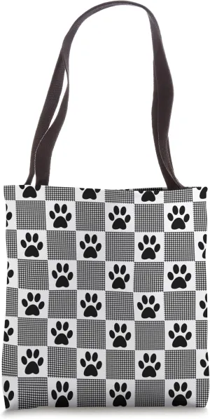 Black and White Buffalo Check Gingham with Paw Print Pattern Tote Bag