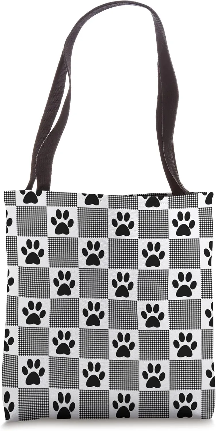 Black and White Buffalo Check Gingham with Paw Print Pattern Tote Bag