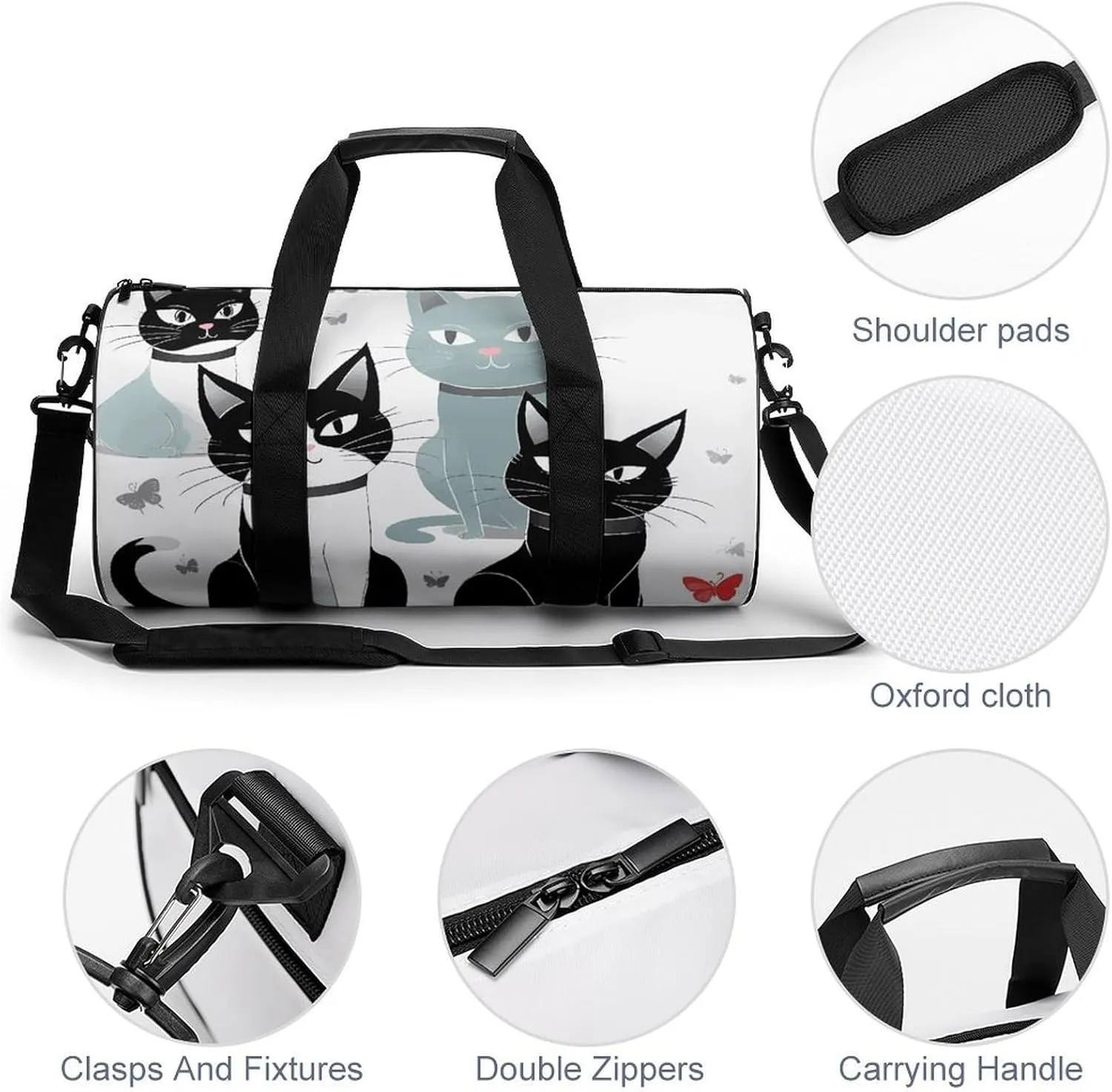 Black And White Cats Gym Bag Small Travel Duffle Bag with Compartment Carry On Weekender Bag for Women Men