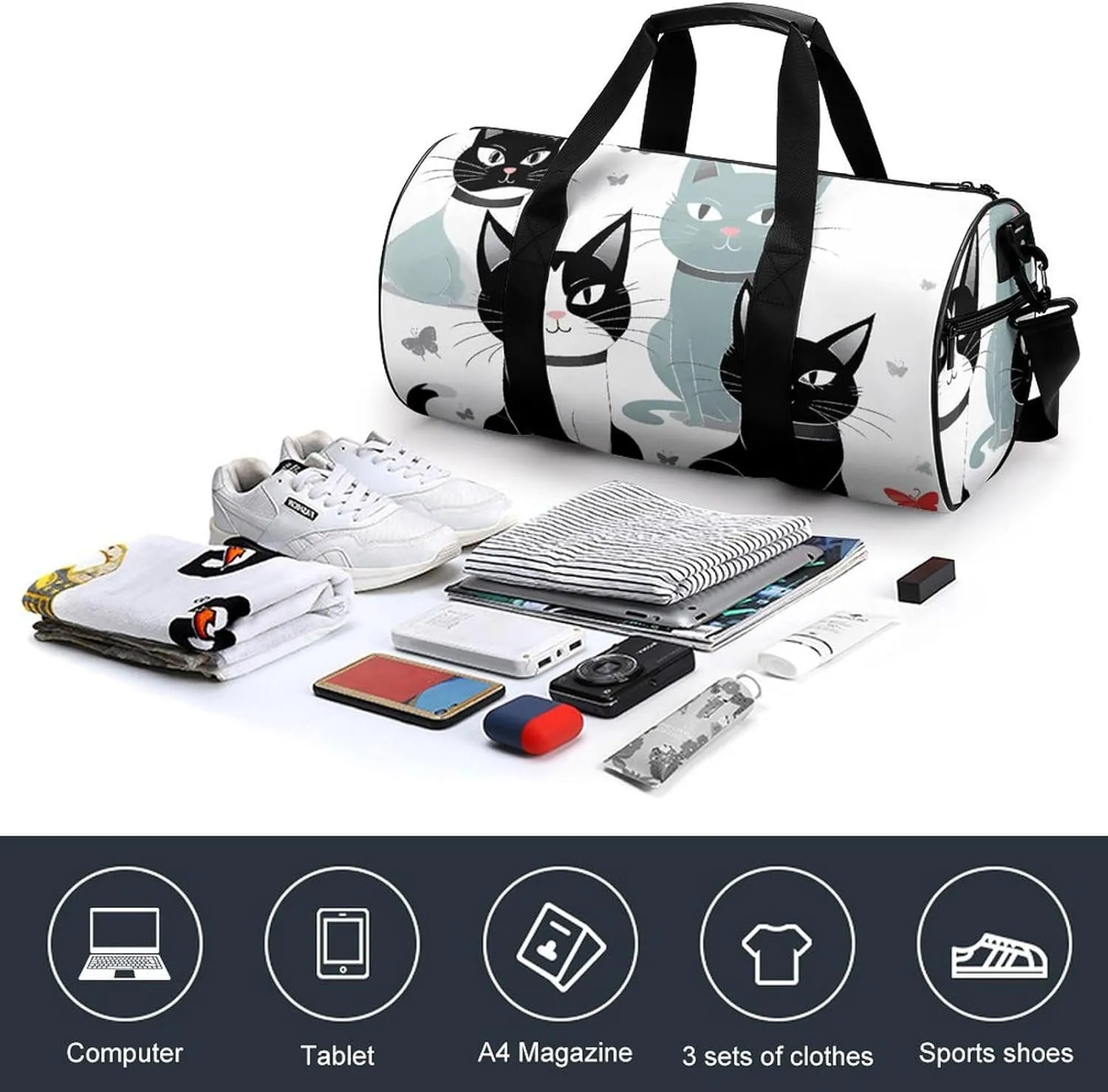 Black And White Cats Gym Bag Small Travel Duffle Bag with Compartment Carry On Weekender Bag for Women Men
