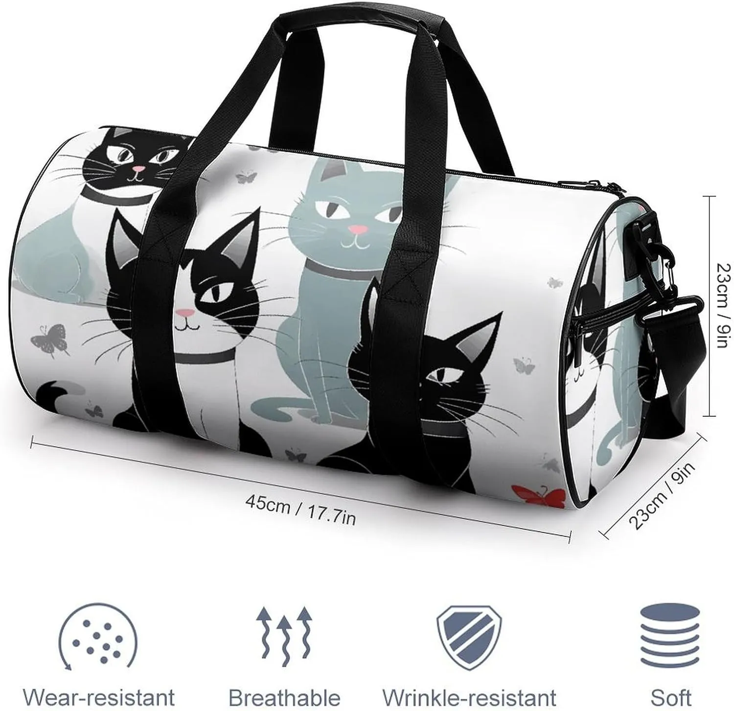 Black And White Cats Gym Bag Small Travel Duffle Bag with Compartment Carry On Weekender Bag for Women Men