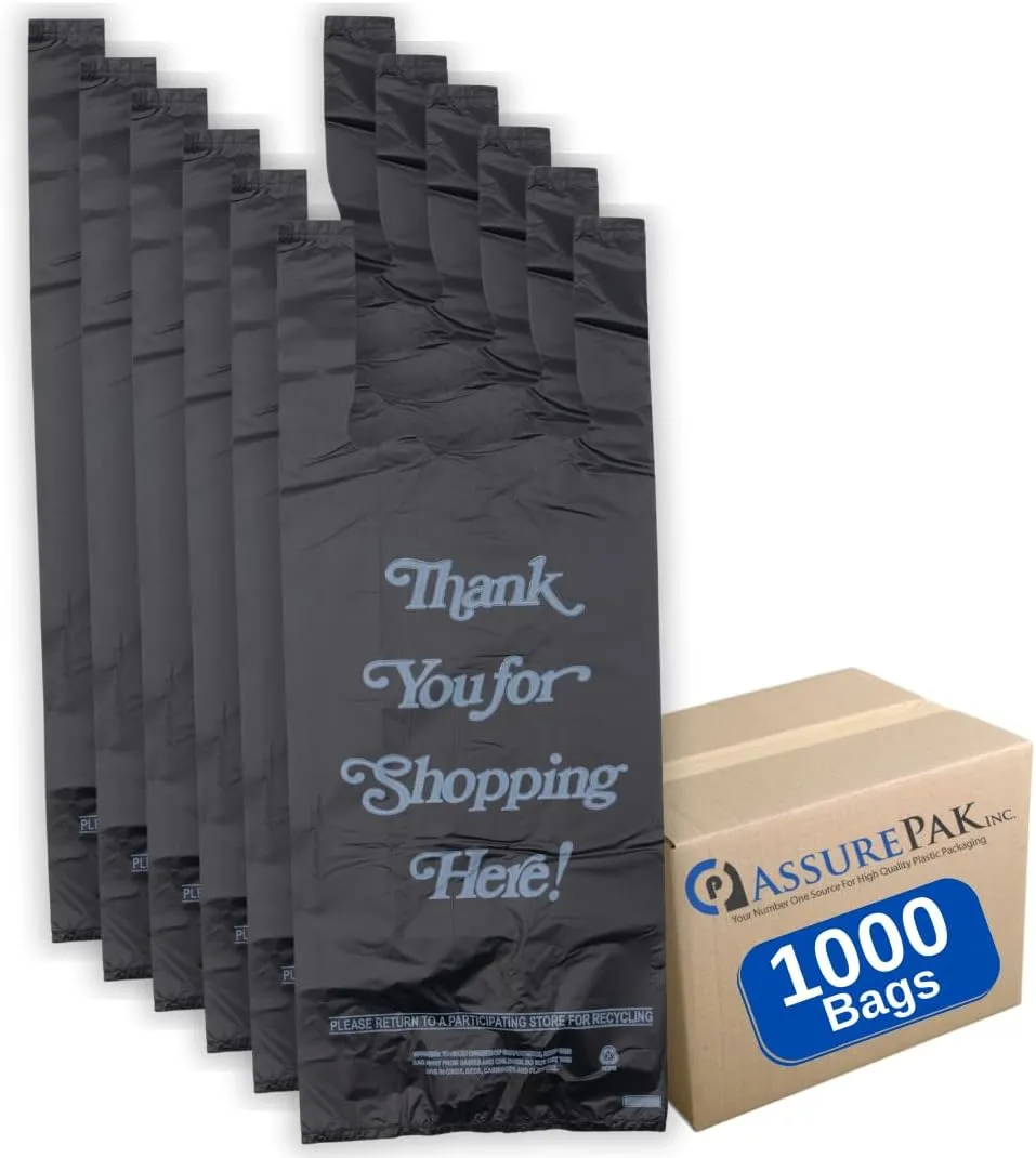 Black Printed HDPE Liquor T-Shirt Bags - 8"x4"x20" - 1000 Bags - 25 microns - Black - 8420HDBWP
