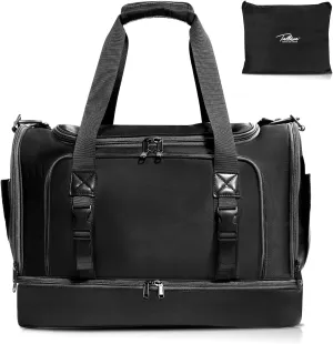 Black Small Gym Bag for Women and Men with Shoe Compartment, Sports Gym Tote Bag with Yoga Mat Holder, Waterproof Travel Duffel Weekender Workout Bag, Carry on Bag for Airplanes with 8 Pockets