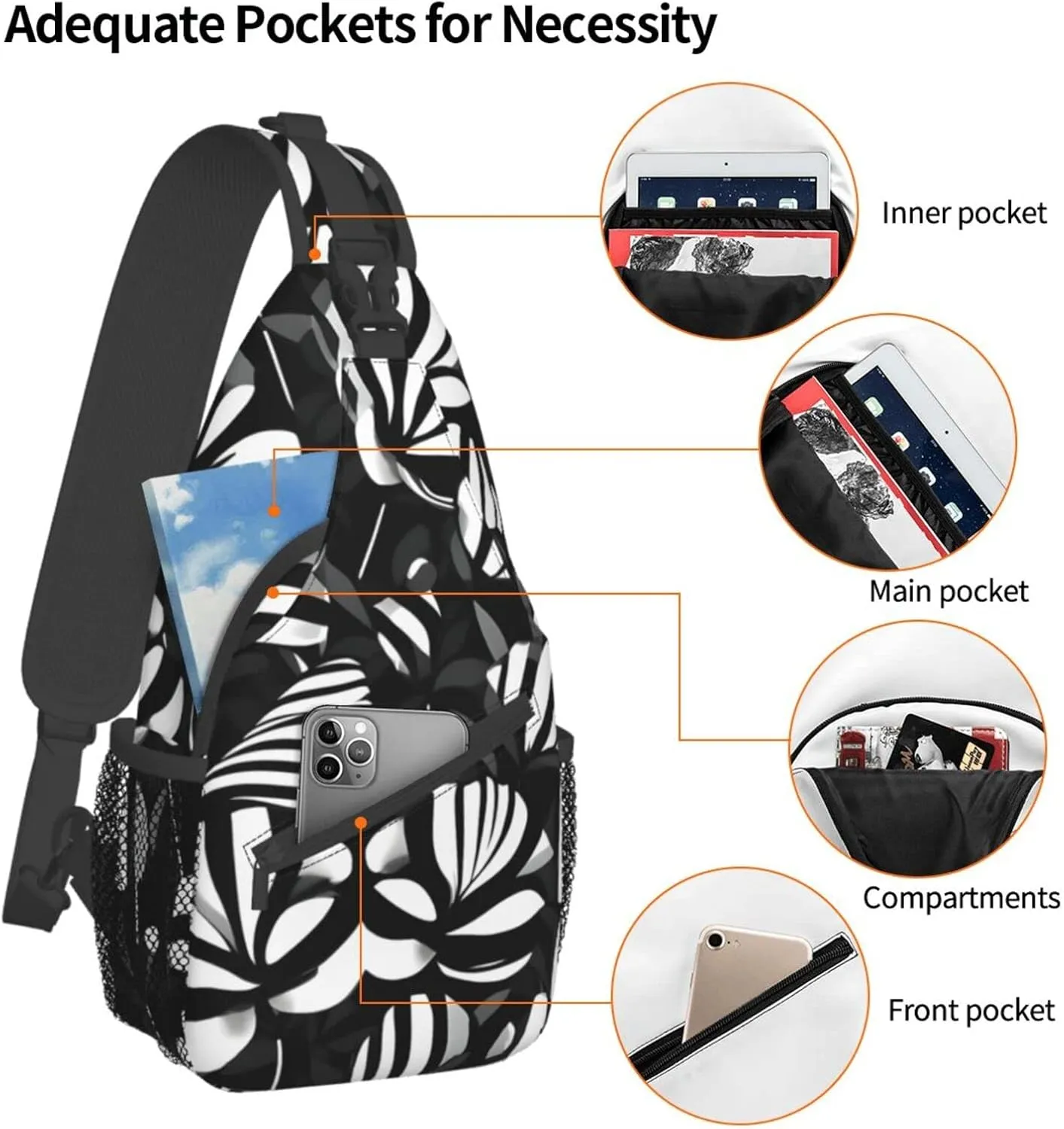 Black White Striped Flowers Print Sling Backpack, Sling Bag, Crossbody Chest Bag Daypack, for Hiking Travel