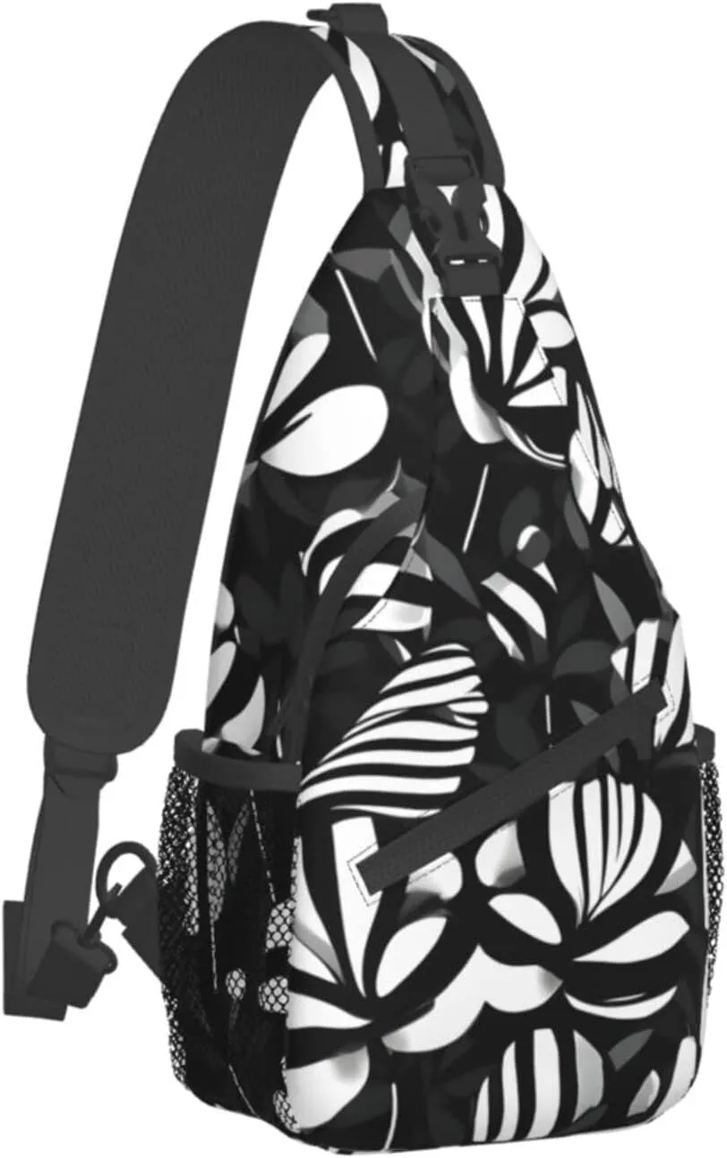 Black White Striped Flowers Print Sling Backpack, Sling Bag, Crossbody Chest Bag Daypack, for Hiking Travel