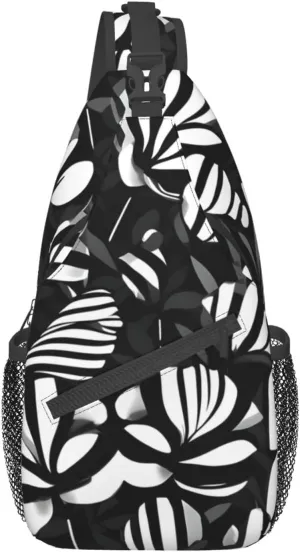 Black White Striped Flowers Print Sling Backpack, Sling Bag, Crossbody Chest Bag Daypack, for Hiking Travel