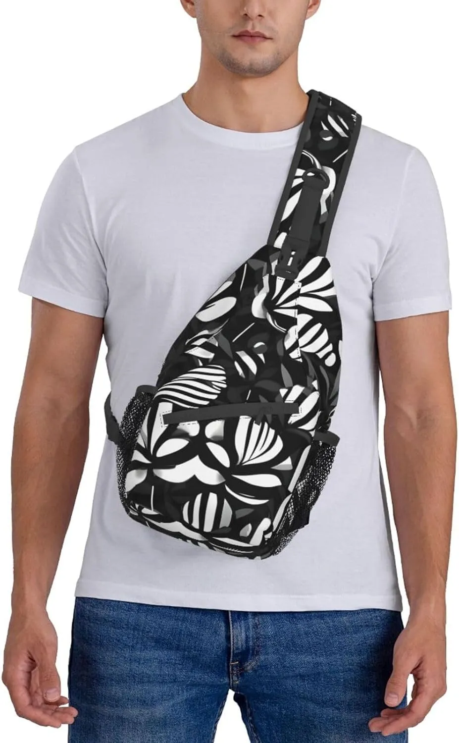 Black White Striped Flowers Print Sling Backpack, Sling Bag, Crossbody Chest Bag Daypack, for Hiking Travel