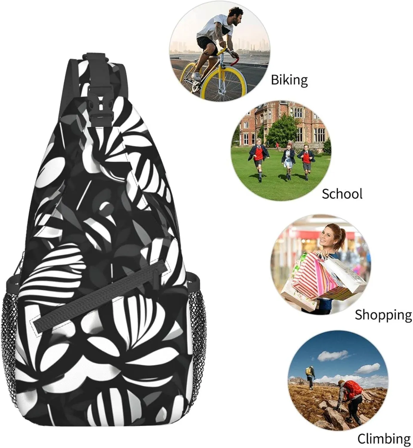 Black White Striped Flowers Print Sling Backpack, Sling Bag, Crossbody Chest Bag Daypack, for Hiking Travel