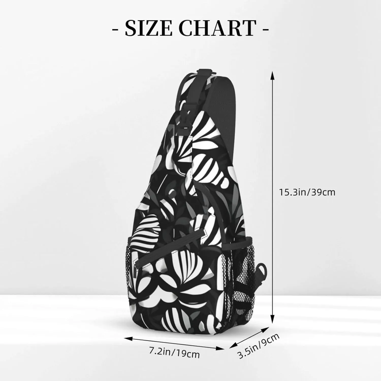 Black White Striped Flowers Print Sling Backpack, Sling Bag, Crossbody Chest Bag Daypack, for Hiking Travel