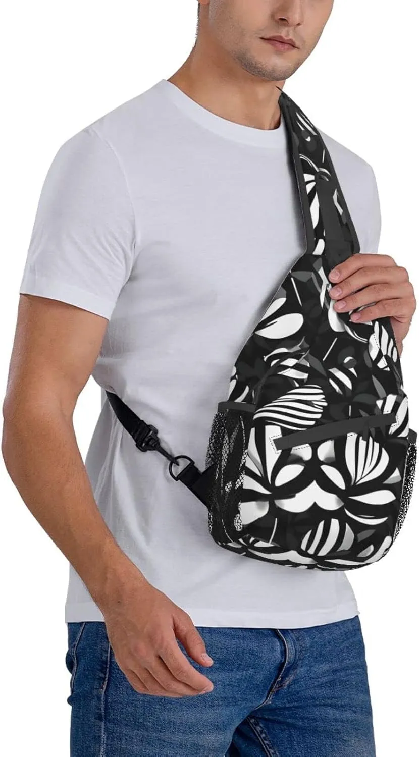 Black White Striped Flowers Print Sling Backpack, Sling Bag, Crossbody Chest Bag Daypack, for Hiking Travel