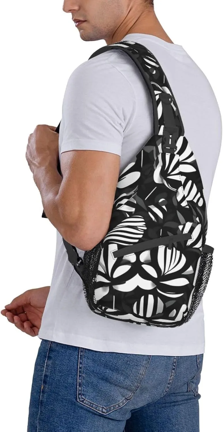 Black White Striped Flowers Print Sling Backpack, Sling Bag, Crossbody Chest Bag Daypack, for Hiking Travel