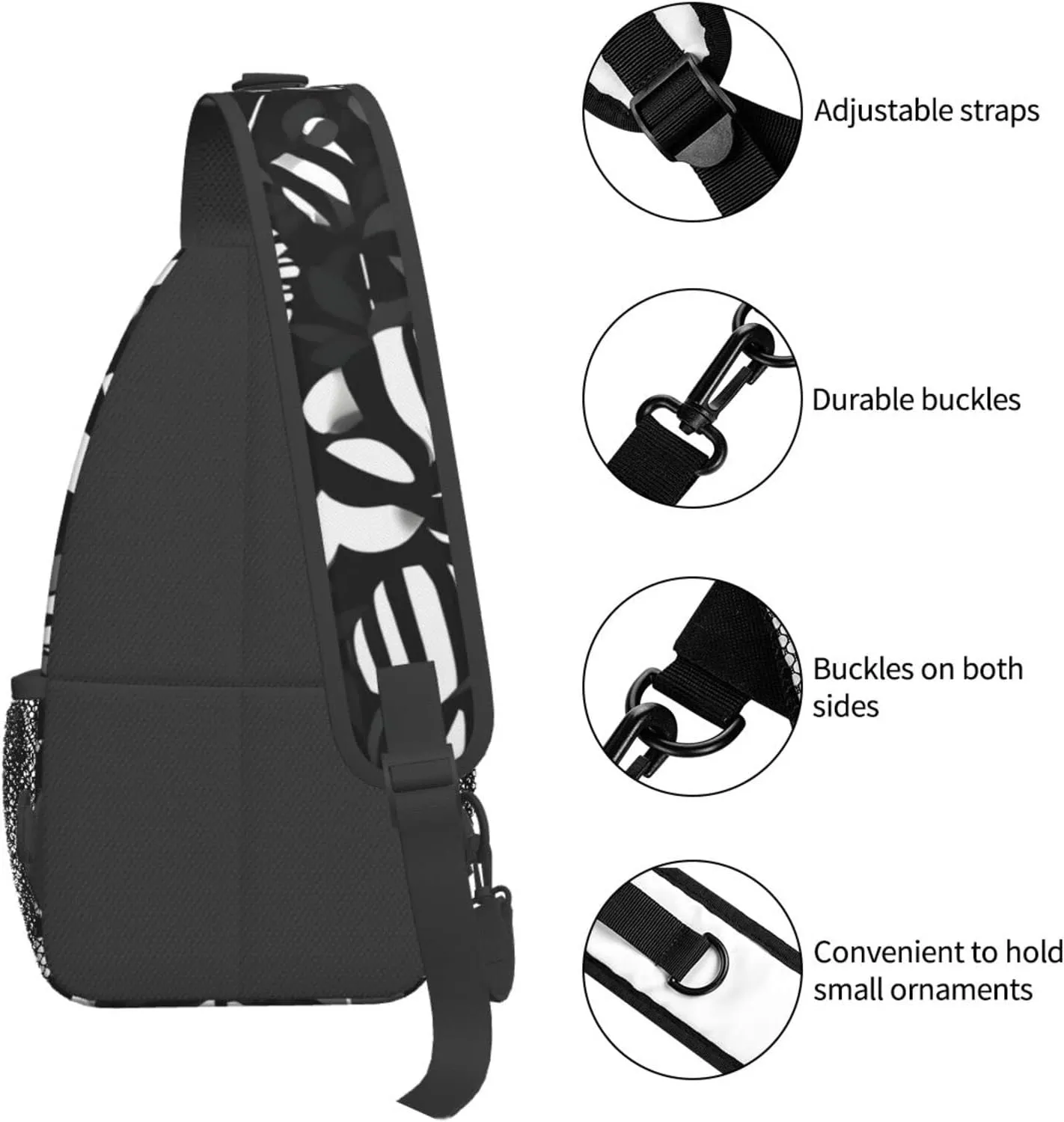 Black White Striped Flowers Print Sling Backpack, Sling Bag, Crossbody Chest Bag Daypack, for Hiking Travel