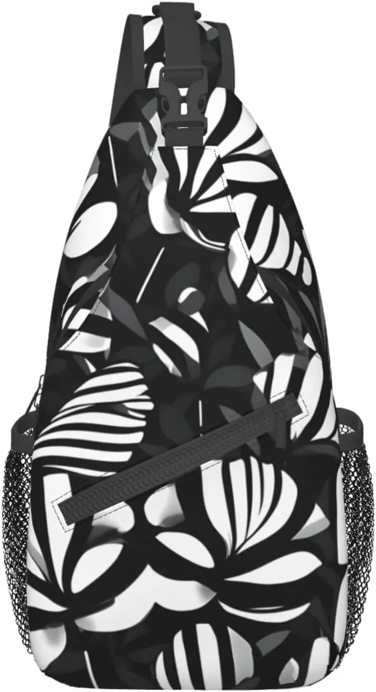 Black White Striped Flowers Print Sling Backpack, Sling Bag, Crossbody Chest Bag Daypack, for Hiking Travel