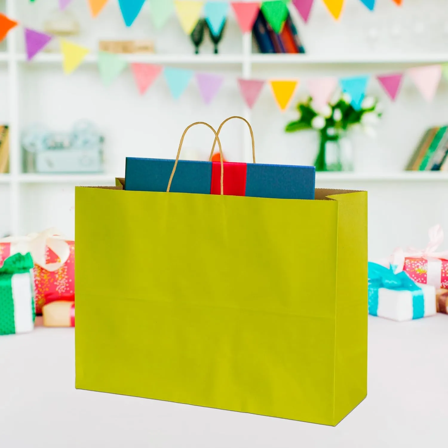 BLEWINDZ 70Pcs Large Paper Bags with Handles, 16x6x12 Inches Avocado Green Paper Shopping Bags for Small Business, Large Kraft Gift Bag Bulk for Grocery Mechandise Retail