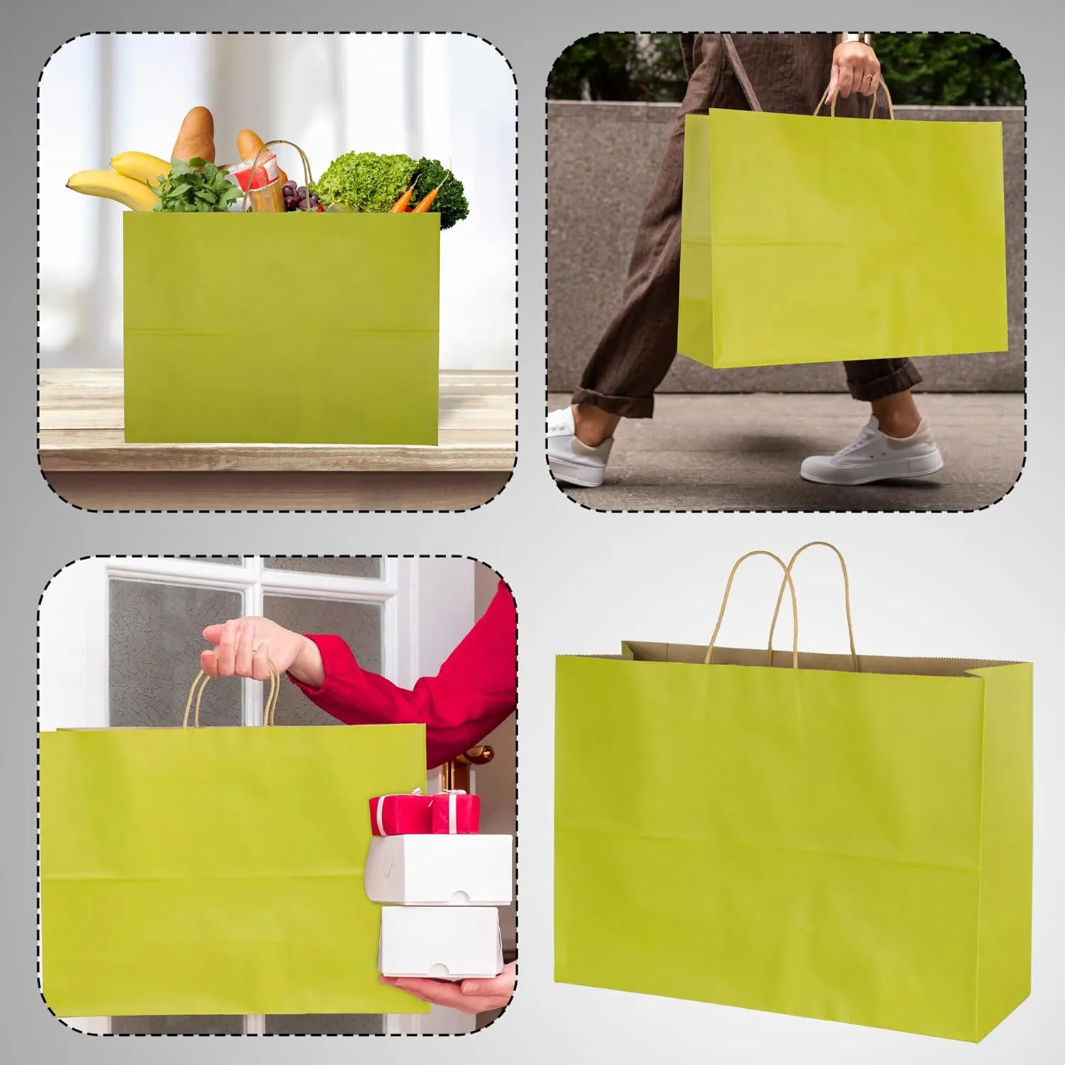 BLEWINDZ 70Pcs Large Paper Bags with Handles, 16x6x12 Inches Avocado Green Paper Shopping Bags for Small Business, Large Kraft Gift Bag Bulk for Grocery Mechandise Retail