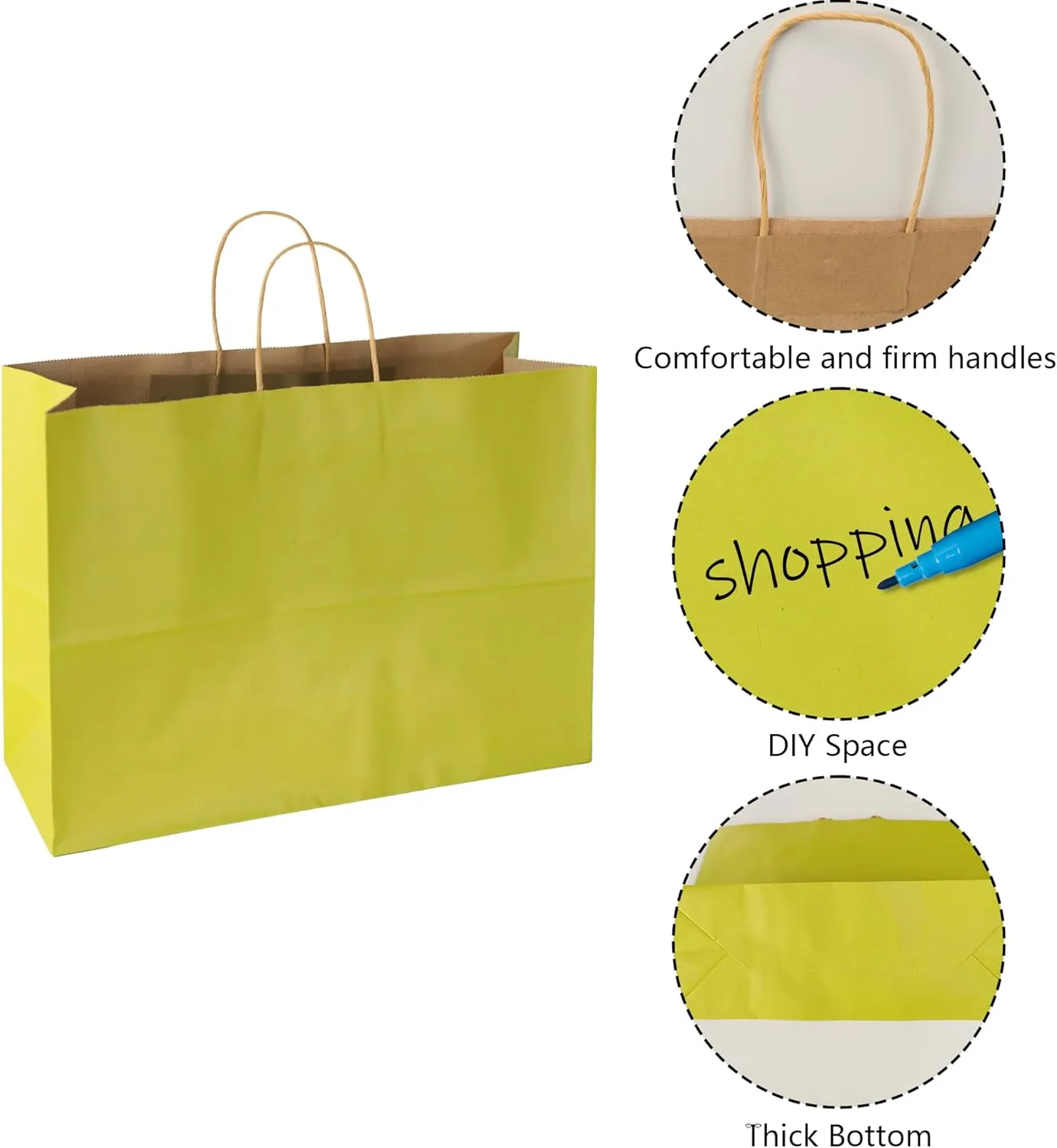 BLEWINDZ 70Pcs Large Paper Bags with Handles, 16x6x12 Inches Avocado Green Paper Shopping Bags for Small Business, Large Kraft Gift Bag Bulk for Grocery Mechandise Retail