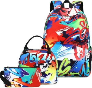 Bluboon School Backpack for Boys Teens Bookbag Travel Daypack Kids Girls Lunch Bag Pencil Case (Doodle-3pcs)