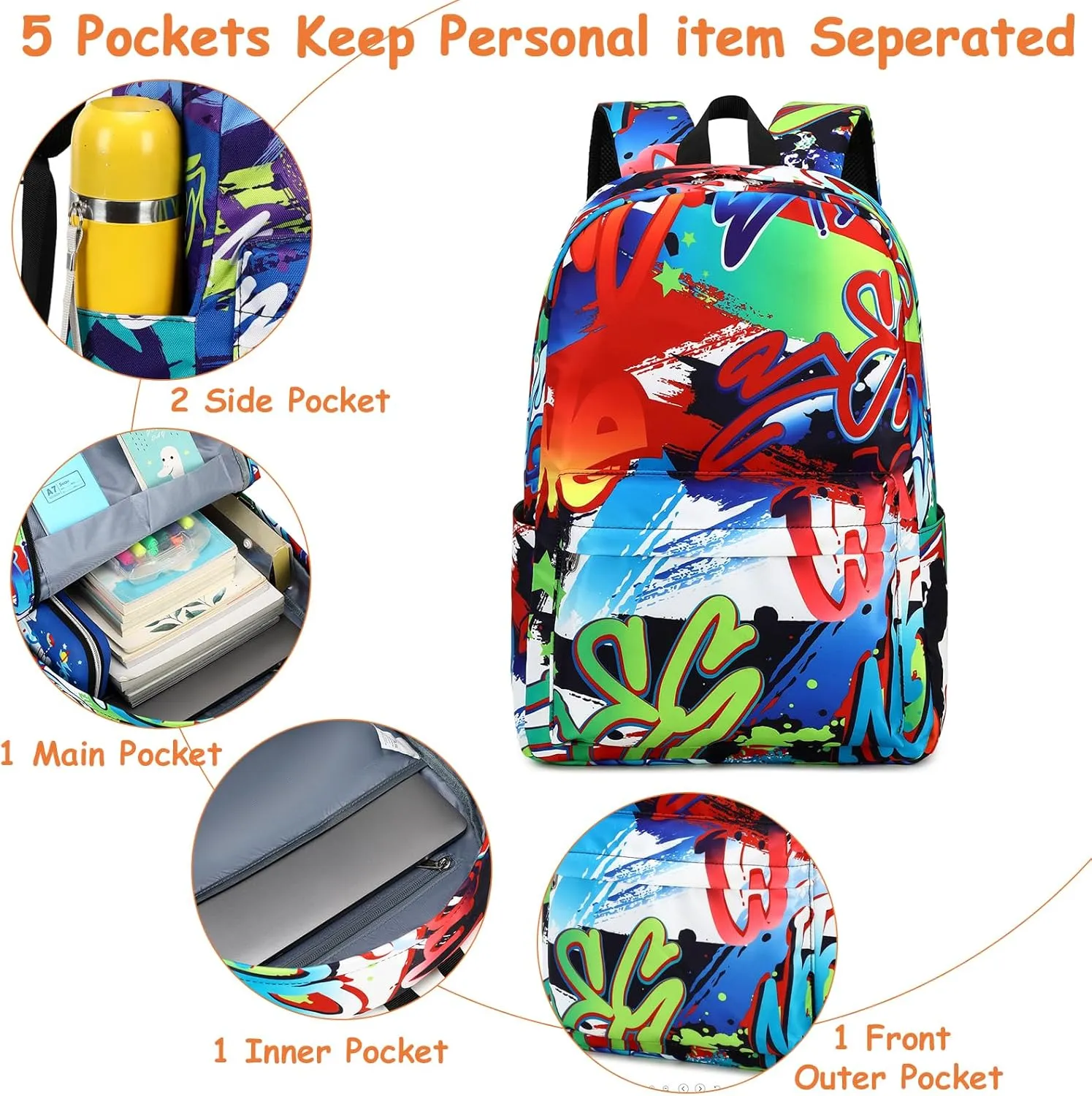 Bluboon School Backpack for Boys Teens Bookbag Travel Daypack Kids Girls Lunch Bag Pencil Case (Doodle-3pcs)