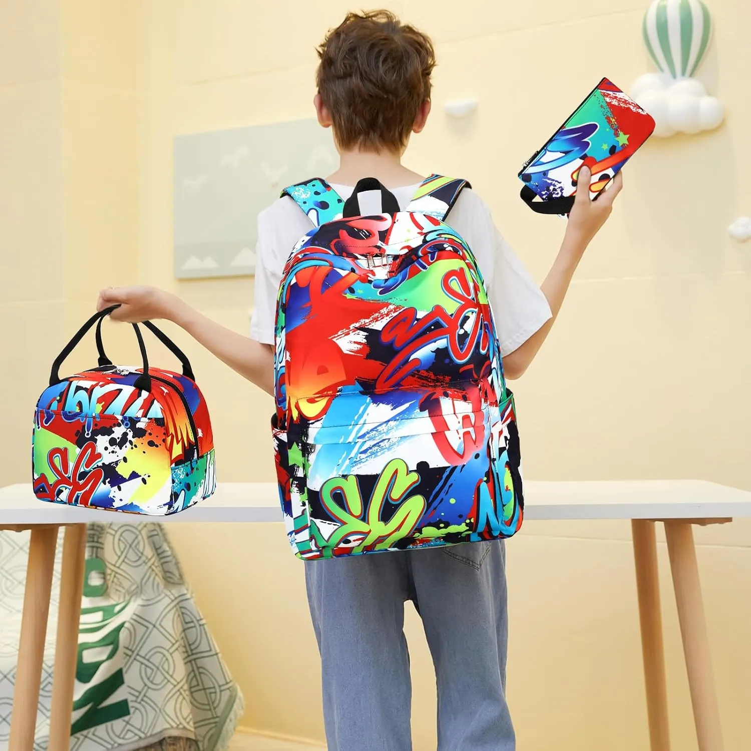 Bluboon School Backpack for Boys Teens Bookbag Travel Daypack Kids Girls Lunch Bag Pencil Case (Doodle-3pcs)
