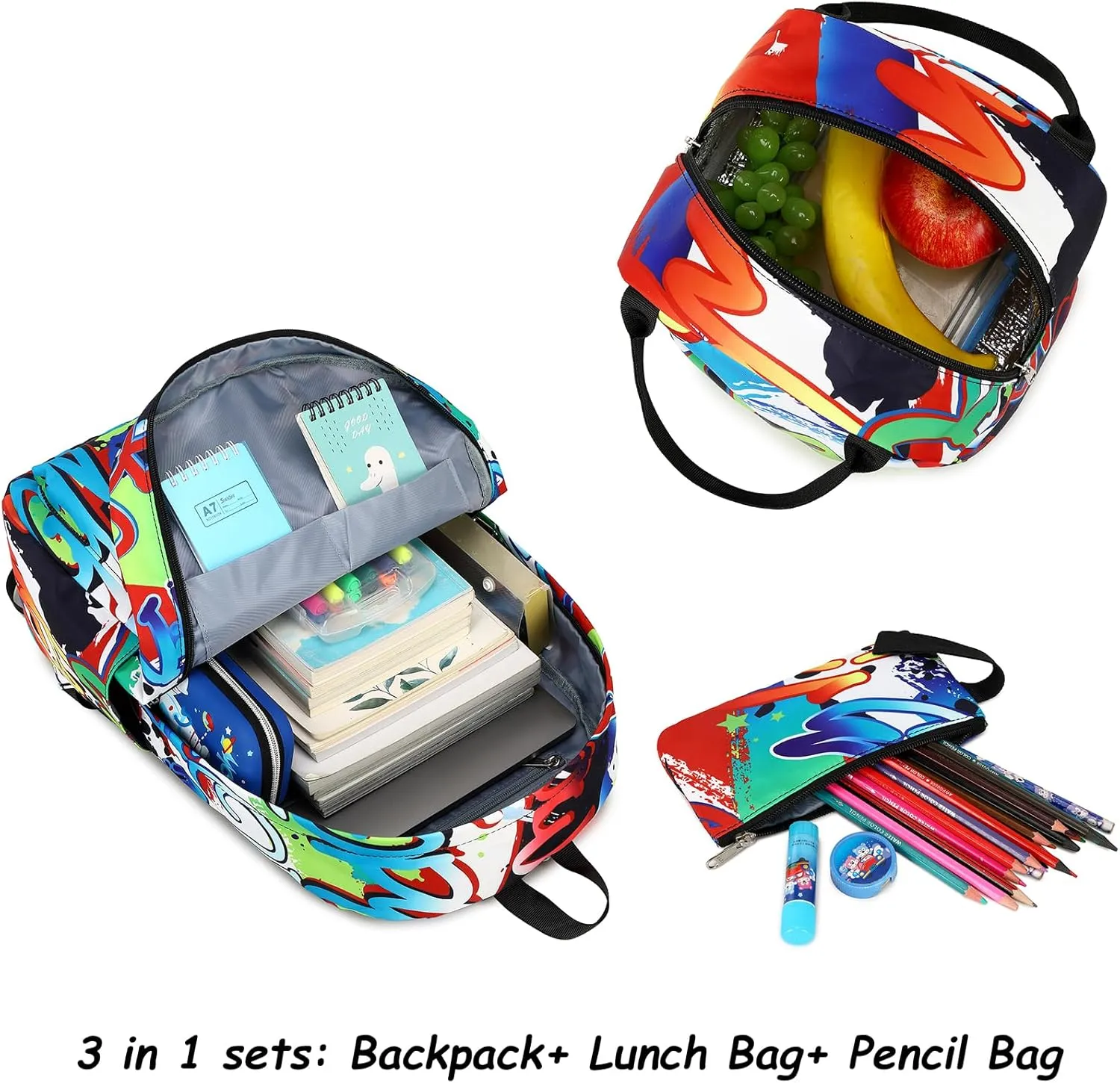 Bluboon School Backpack for Boys Teens Bookbag Travel Daypack Kids Girls Lunch Bag Pencil Case (Doodle-3pcs)