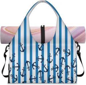 Blue and White Striped Anchor Women's Yoga Gym Bag - Adjustable shoulder strap with shoe compartment, large gym bag with multiple pockets for yoga mat, gym equipment and travel accessories