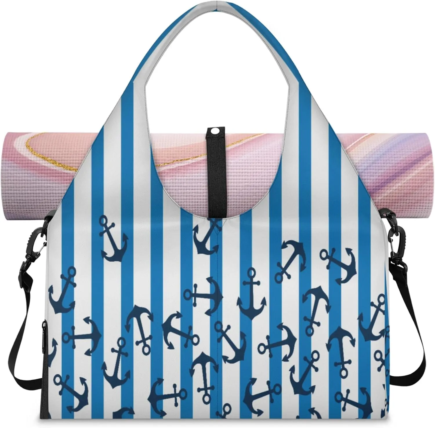 Blue and White Striped Anchor Women's Yoga Gym Bag - Adjustable shoulder strap with shoe compartment, large gym bag with multiple pockets for yoga mat, gym equipment and travel accessories