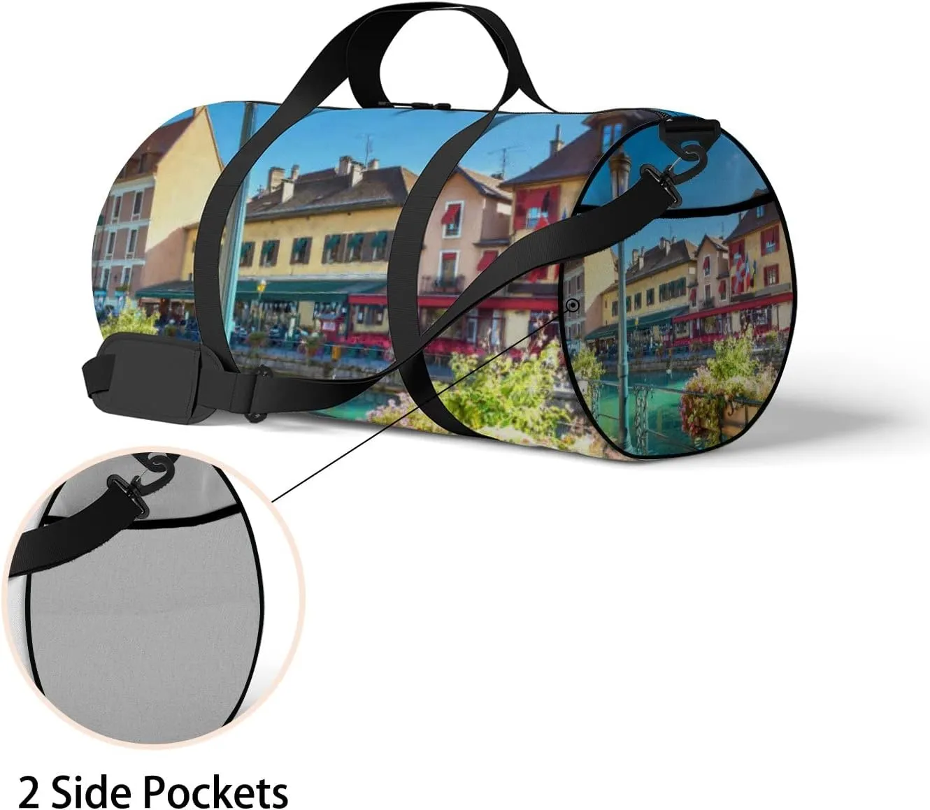 Blue Cityscape Scenic Old Buildings Annecy French Sports Bag Tote Bag Waterproof Gym Bag with Shoulder Strap Zipper 2 Side Pockets for Men and Women, Travel and Storage Shoulder Bag.