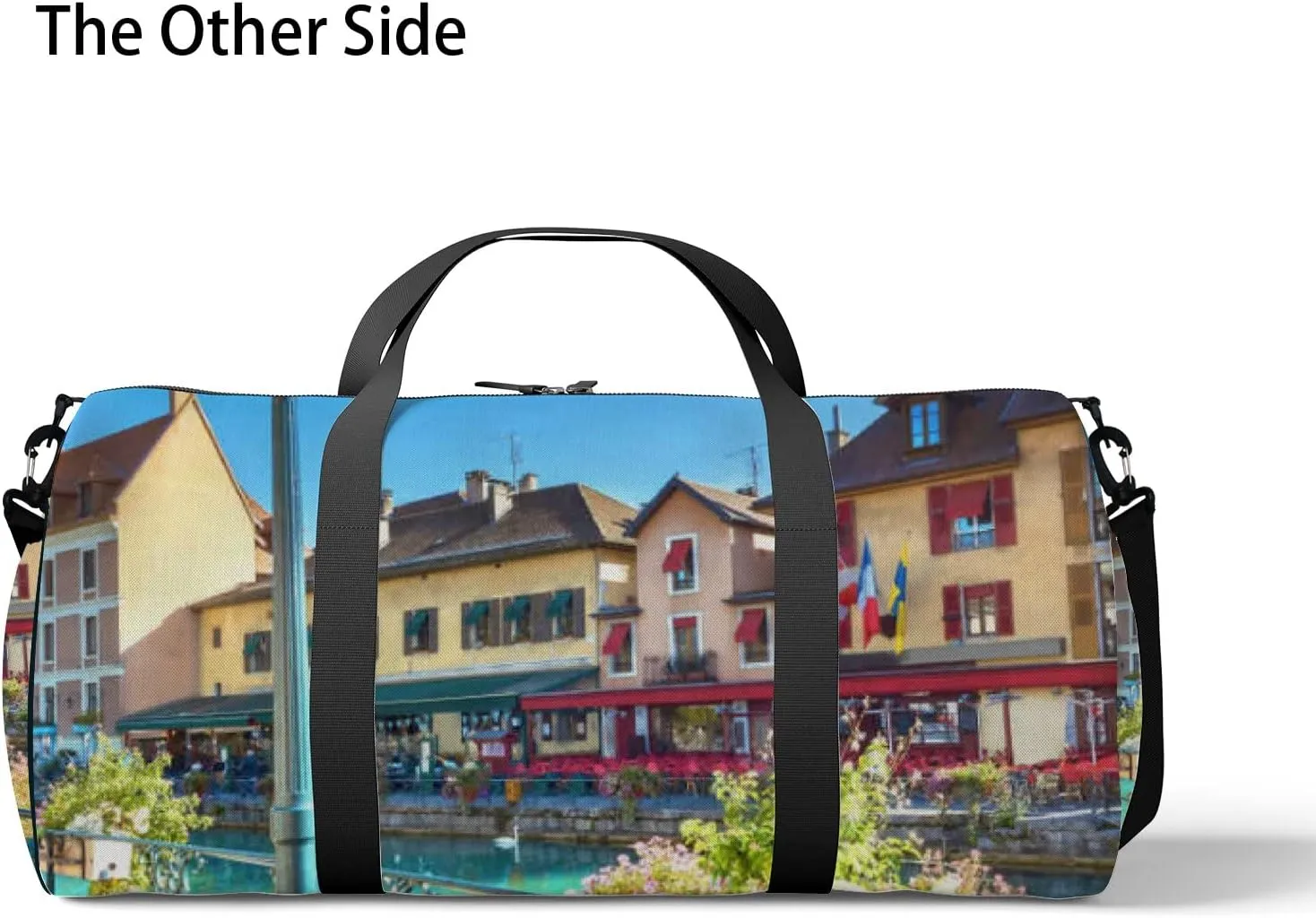 Blue Cityscape Scenic Old Buildings Annecy French Sports Bag Tote Bag Waterproof Gym Bag with Shoulder Strap Zipper 2 Side Pockets for Men and Women, Travel and Storage Shoulder Bag.