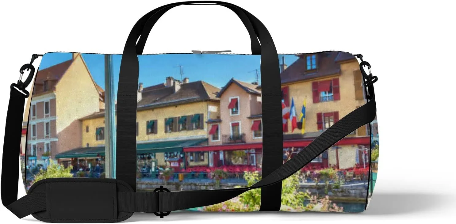Blue Cityscape Scenic Old Buildings Annecy French Sports Bag Tote Bag Waterproof Gym Bag with Shoulder Strap Zipper 2 Side Pockets for Men and Women, Travel and Storage Shoulder Bag.