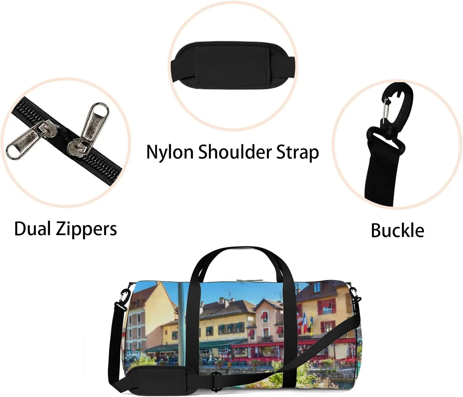 Blue Cityscape Scenic Old Buildings Annecy French Sports Bag Tote Bag Waterproof Gym Bag with Shoulder Strap Zipper 2 Side Pockets for Men and Women, Travel and Storage Shoulder Bag.