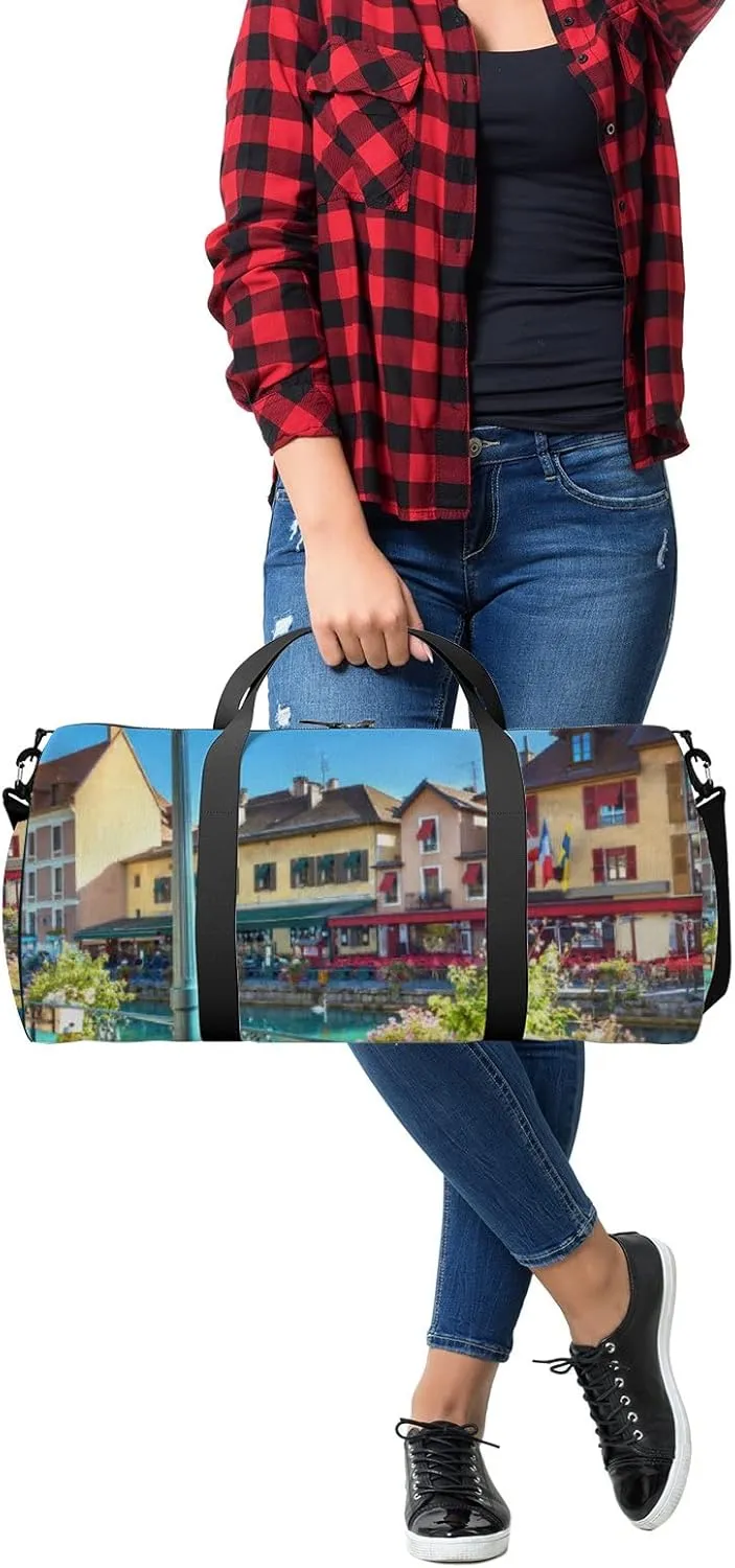 Blue Cityscape Scenic Old Buildings Annecy French Sports Bag Tote Bag Waterproof Gym Bag with Shoulder Strap Zipper 2 Side Pockets for Men and Women, Travel and Storage Shoulder Bag.