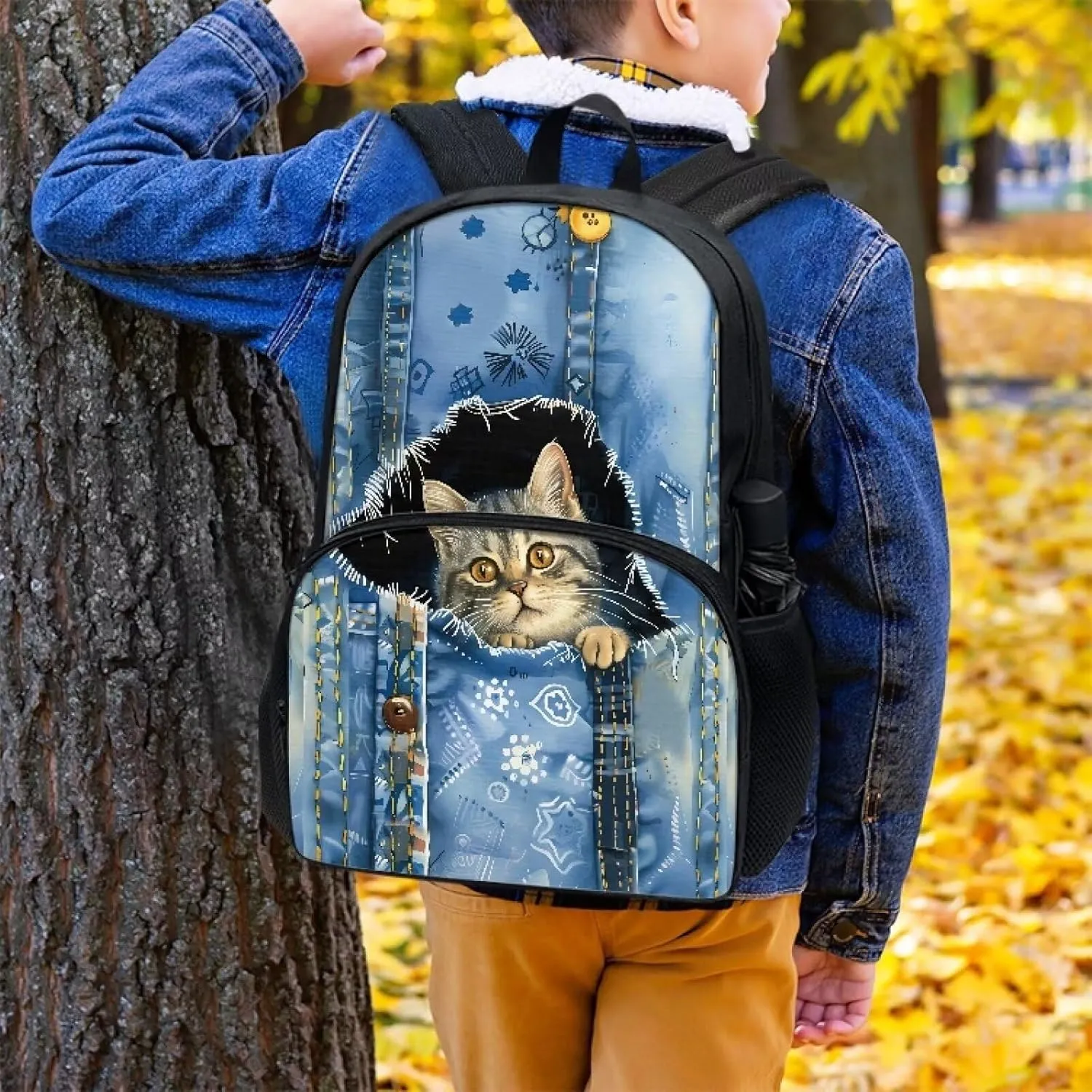 Blue Denim Animal Funny Cats School Backpack for Girls and Boys Middle Bookbags Teenager Elementary Laptop Backpack Junior School Student Schoolbags