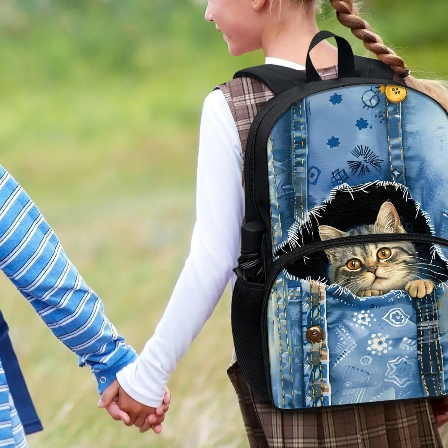 Blue Denim Animal Funny Cats School Backpack for Girls and Boys Middle Bookbags Teenager Elementary Laptop Backpack Junior School Student Schoolbags