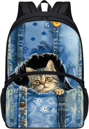 Blue Denim Animal Funny Cats School Backpack for Girls and Boys Middle Bookbags Teenager Elementary Laptop Backpack Junior School Student Schoolbags