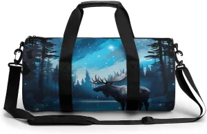 Blue Galaxy Forests Nature Deer Moose Gym Bag Travel Waterproof Duffel Bag Carryon Overnight Bags Tote Bags for Sports