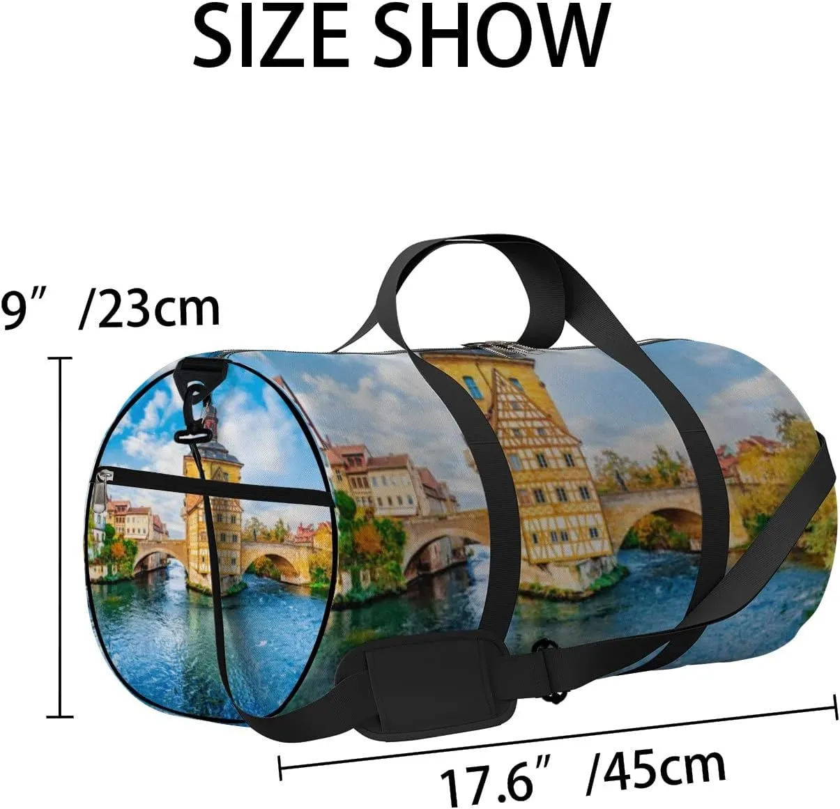 Blue Old Town Bamberg Bavaria Germany Romantic Sports Bag Tote Bag Waterproof Gym Bag with Shoulder Strap Zipper 2 Side Pockets for Men and Women, Travel and Storage Shoulder Bag.