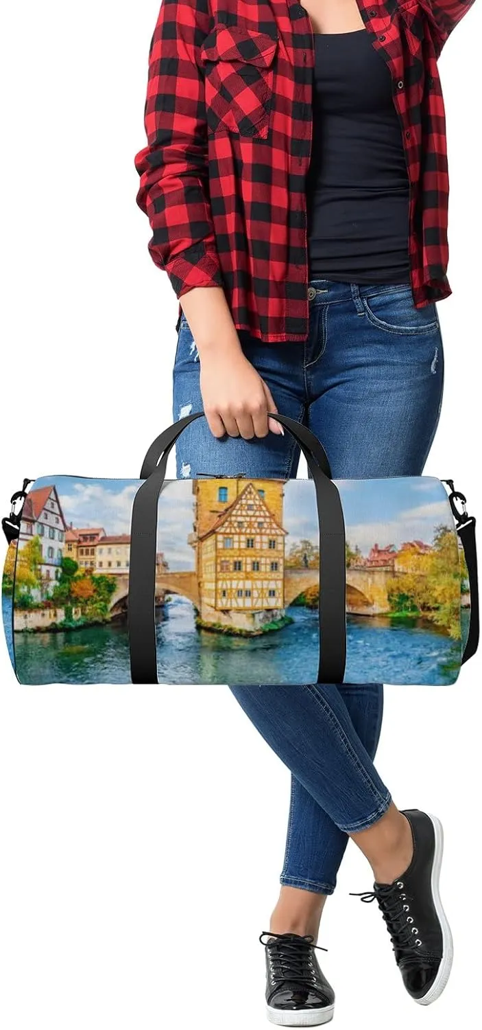 Blue Old Town Bamberg Bavaria Germany Romantic Sports Bag Tote Bag Waterproof Gym Bag with Shoulder Strap Zipper 2 Side Pockets for Men and Women, Travel and Storage Shoulder Bag.