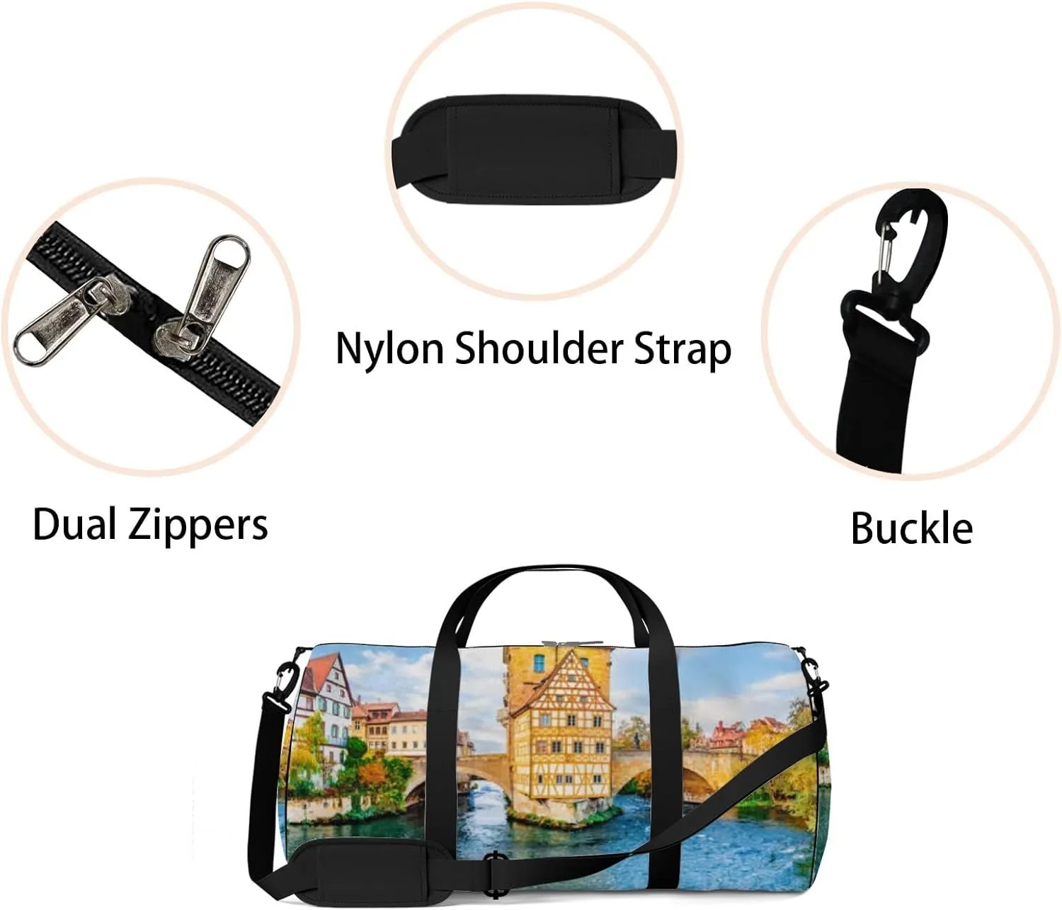 Blue Old Town Bamberg Bavaria Germany Romantic Sports Bag Tote Bag Waterproof Gym Bag with Shoulder Strap Zipper 2 Side Pockets for Men and Women, Travel and Storage Shoulder Bag.